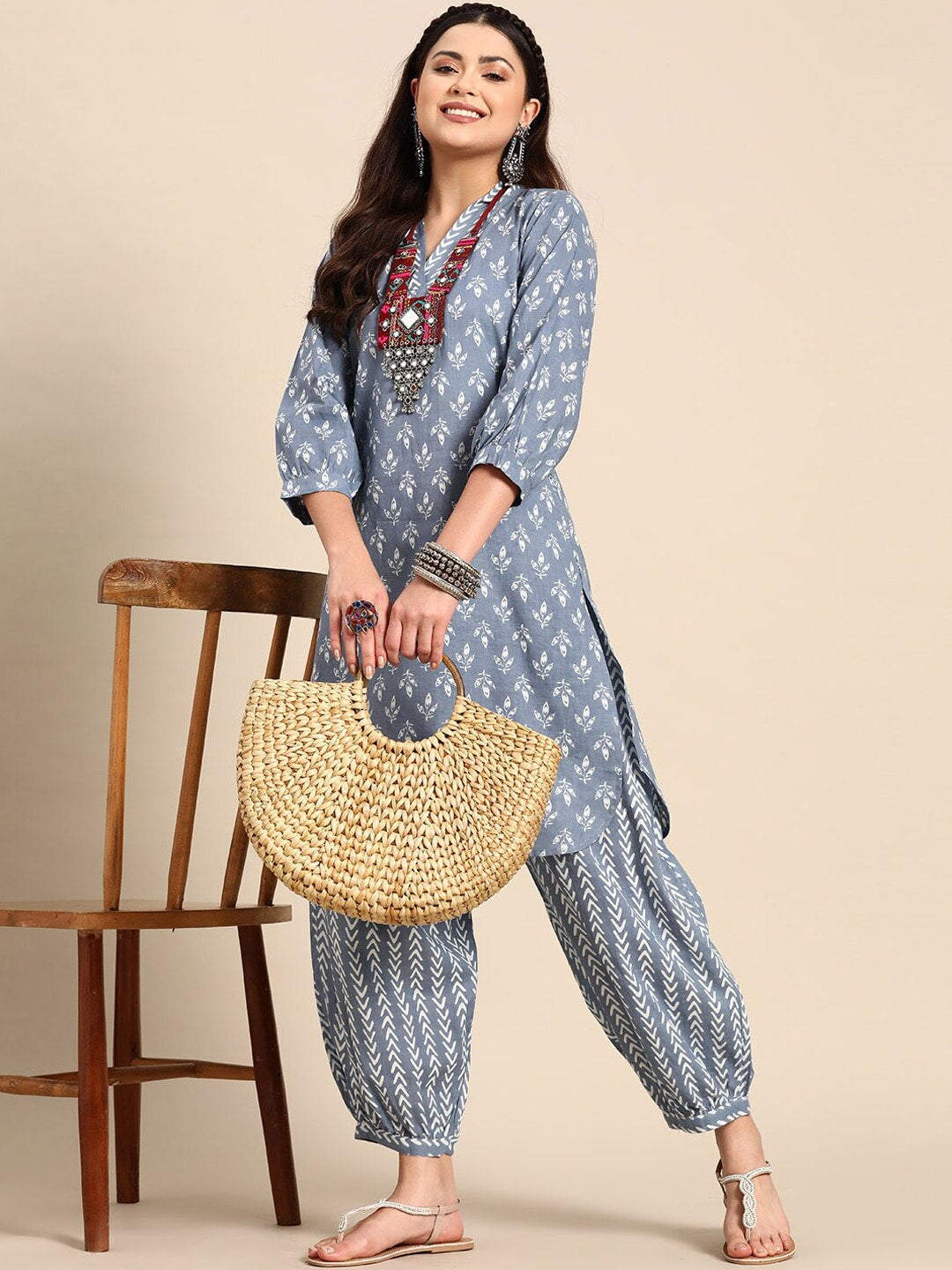 Sangria Blue & White Ethnic Motifs Printed V-Neck Pure Cotton A-Line Kurta With Salwar - Distacart