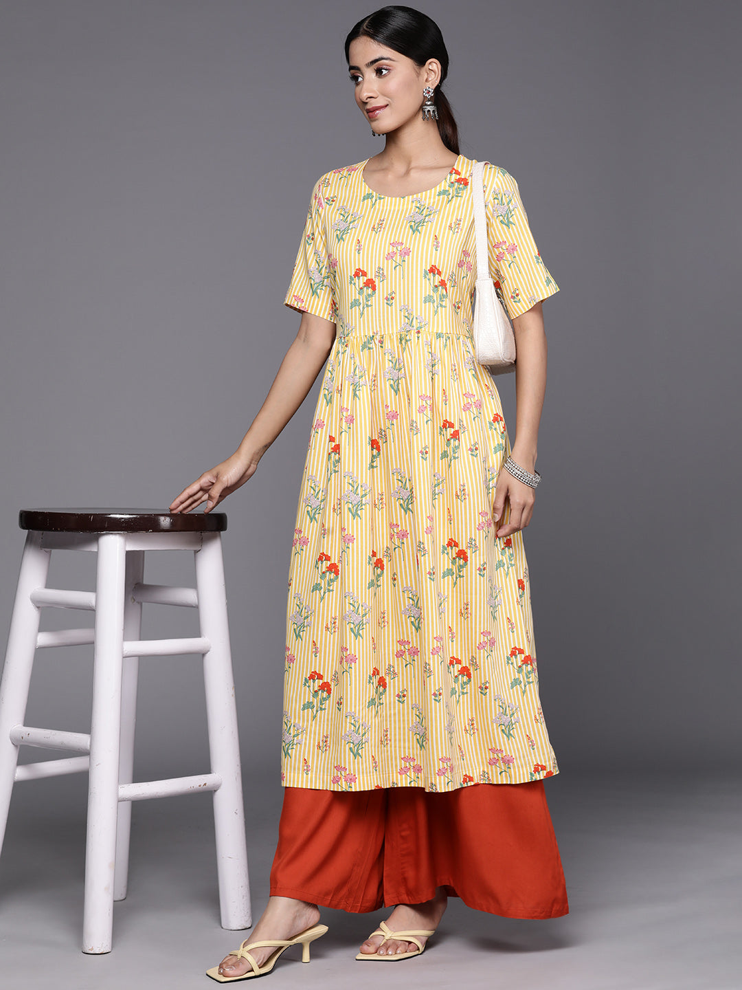 Biba Pure Cotton Striped With Floral Detail Anarkali Kurta - Distacart
