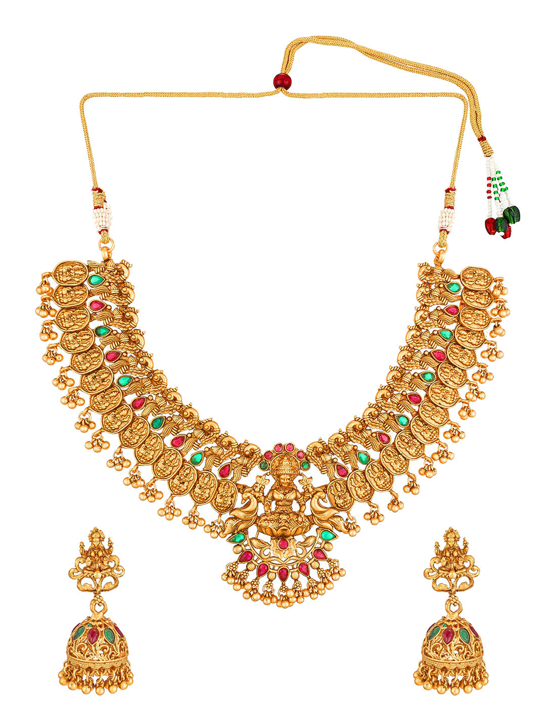 Aadita Gold-Toned Red & Green Stone-Studded Temple Jewelry Set - Distacart