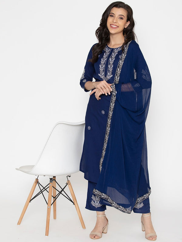 Kalini Women Blue Ethnic Motifs Embroidered Thread Work Kurta with Trousers & With Dupatta - Distacart