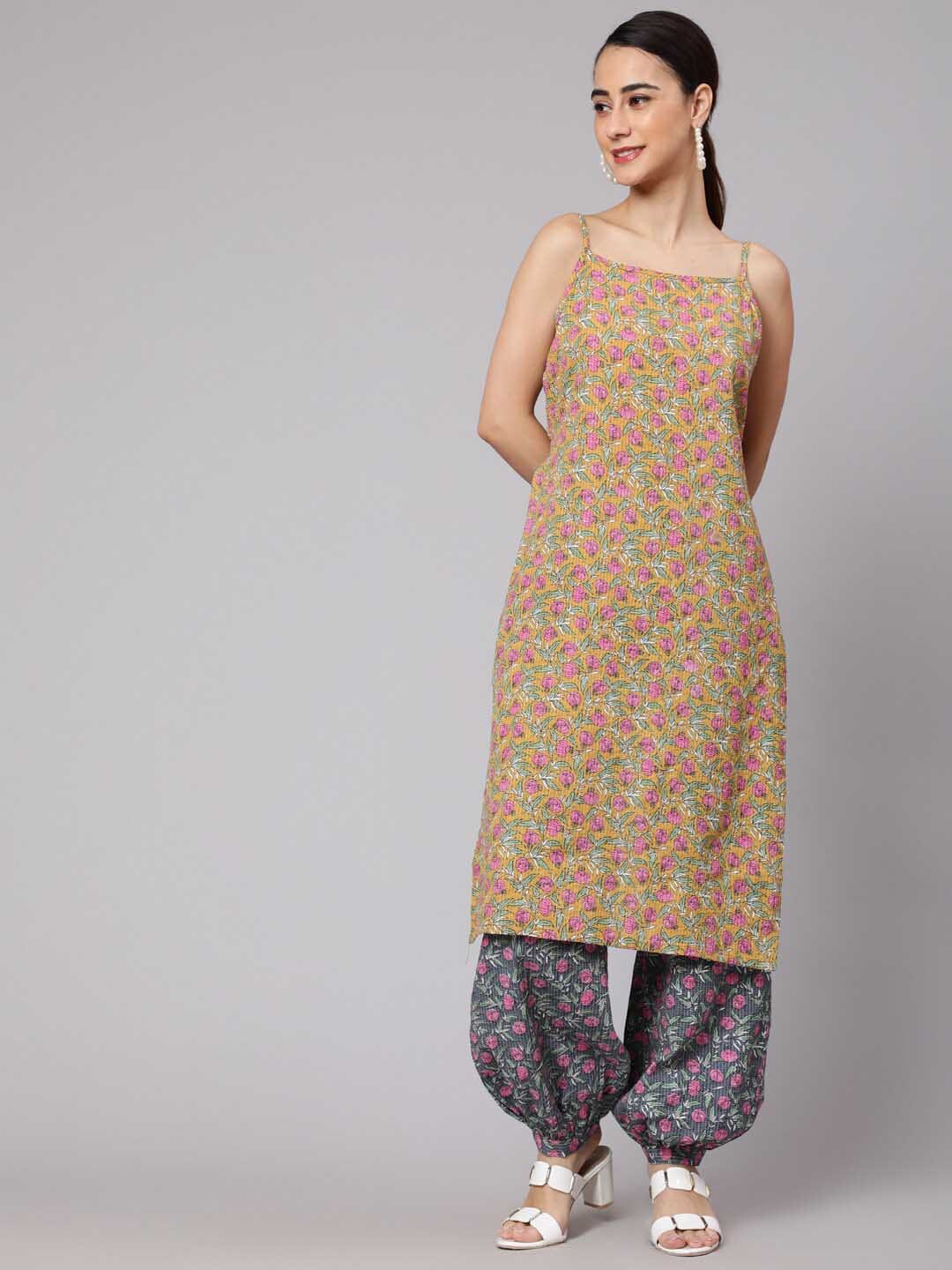 Aks Floral Printed Shoulder Straps Pure Cotton Kurta with Harem Pants - Distacart
