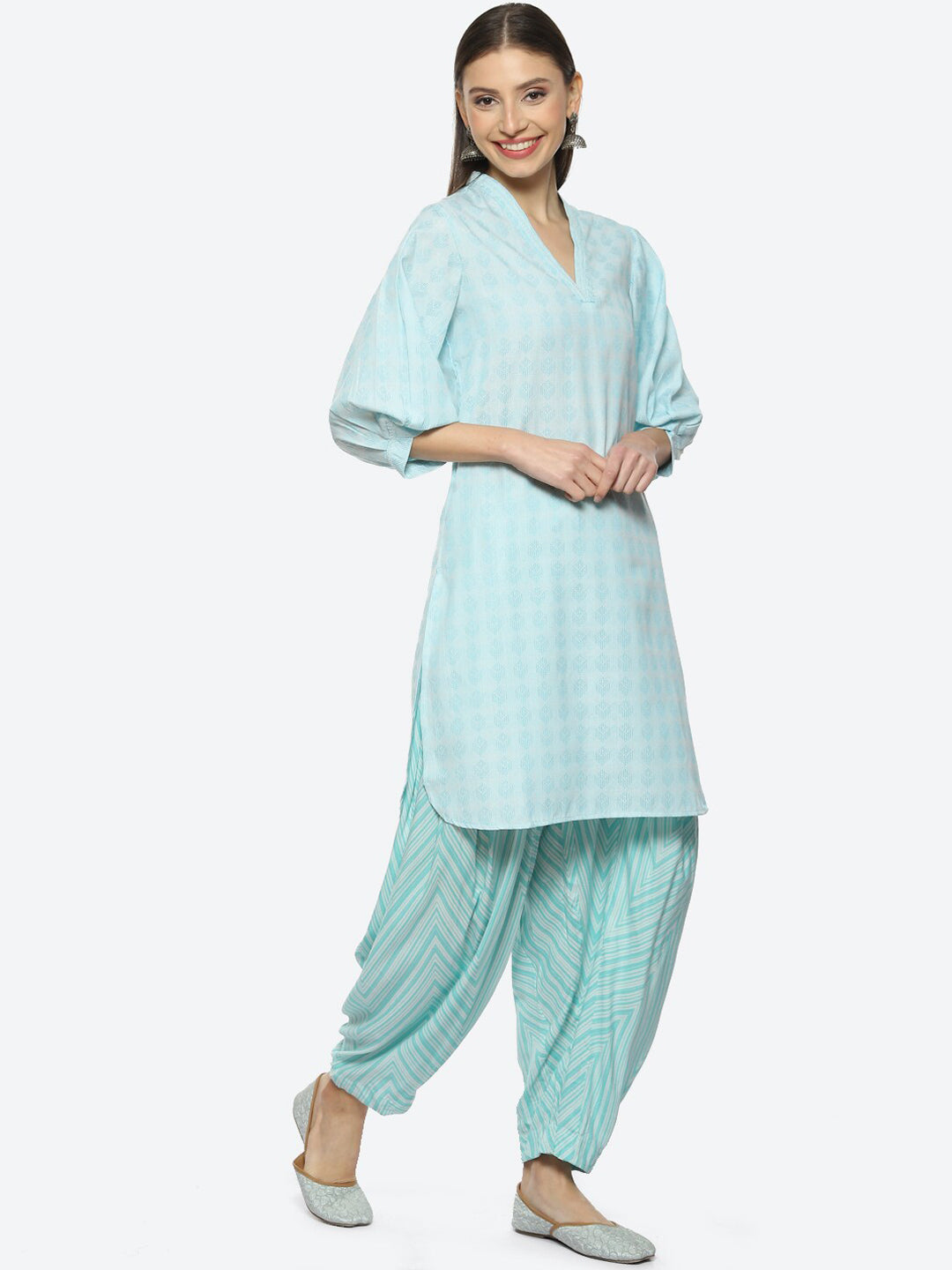 Biba Geometric Printed Kurta With Salwar & Dupatta - Distacart