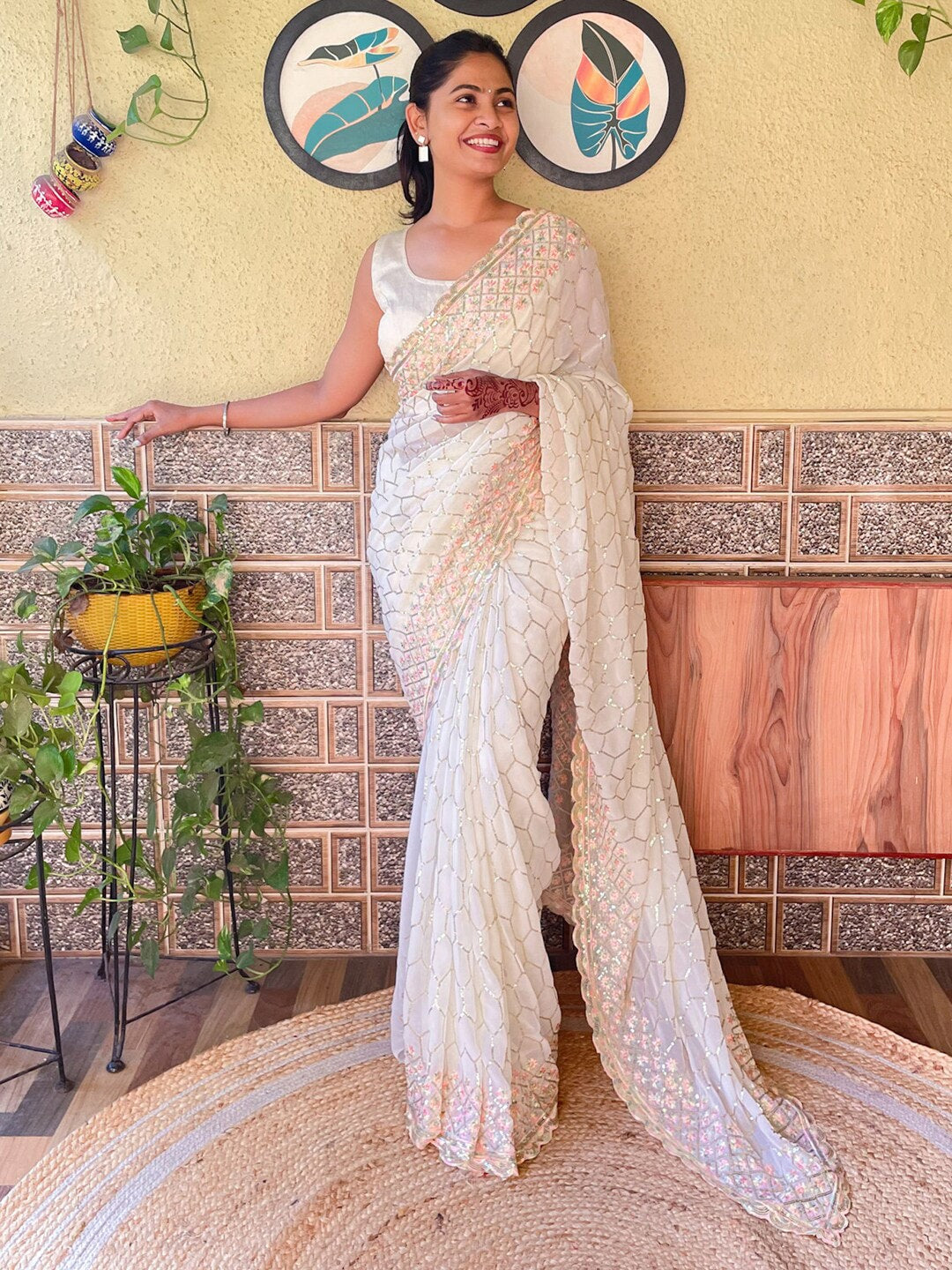 Mitera Off White Embellished Sequined Saree - Distacart