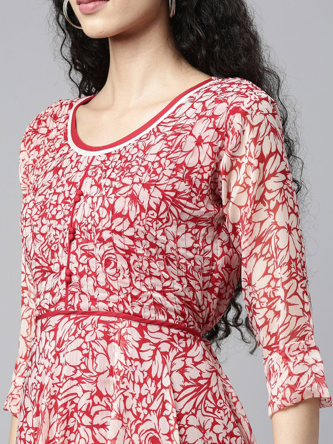 Souchii White & Red Floral Layered Chiffon Beautiful Midi Dress - Distacart