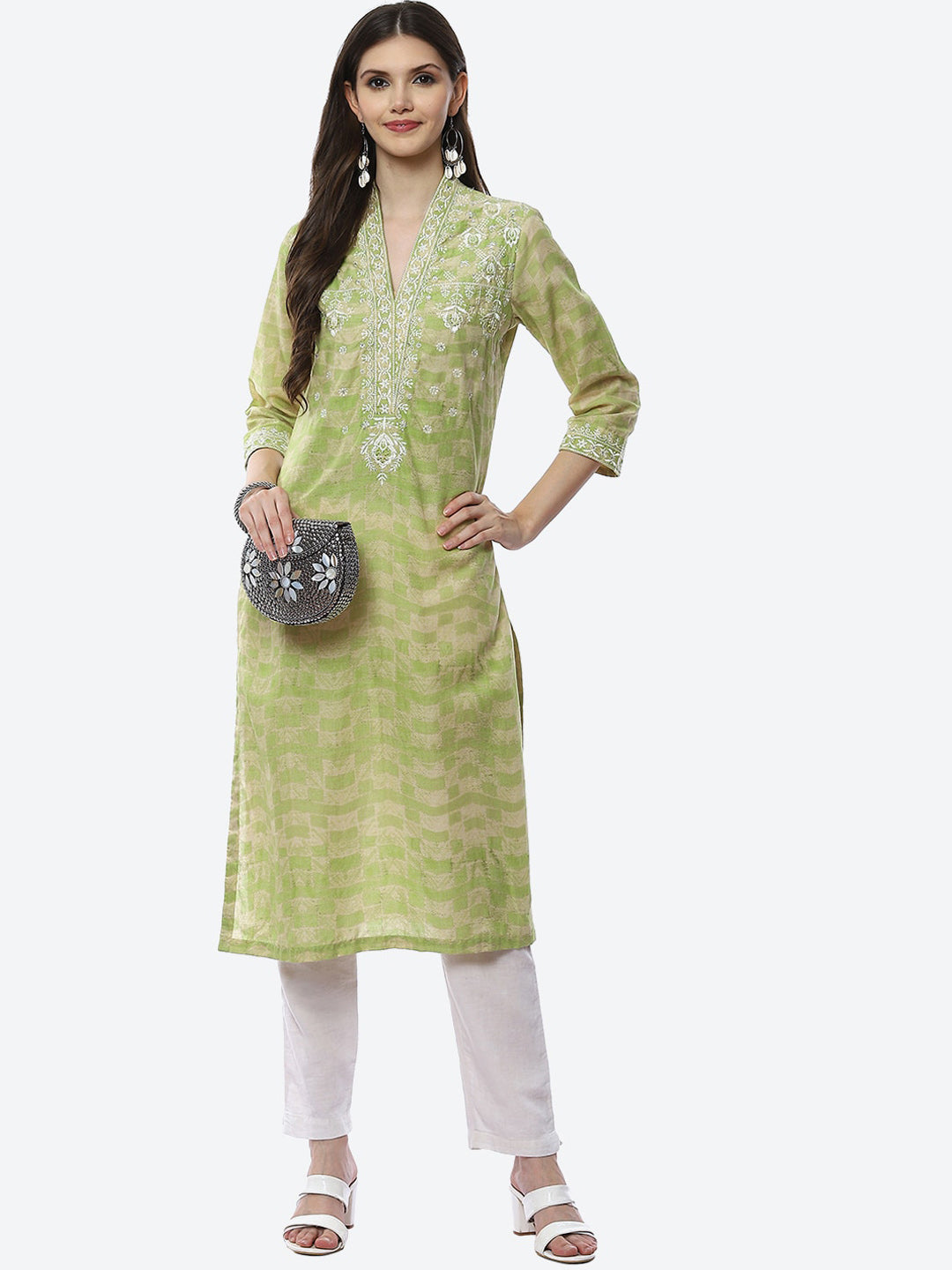 Biba Women Green Floral Embroidered Kurta - Distacart