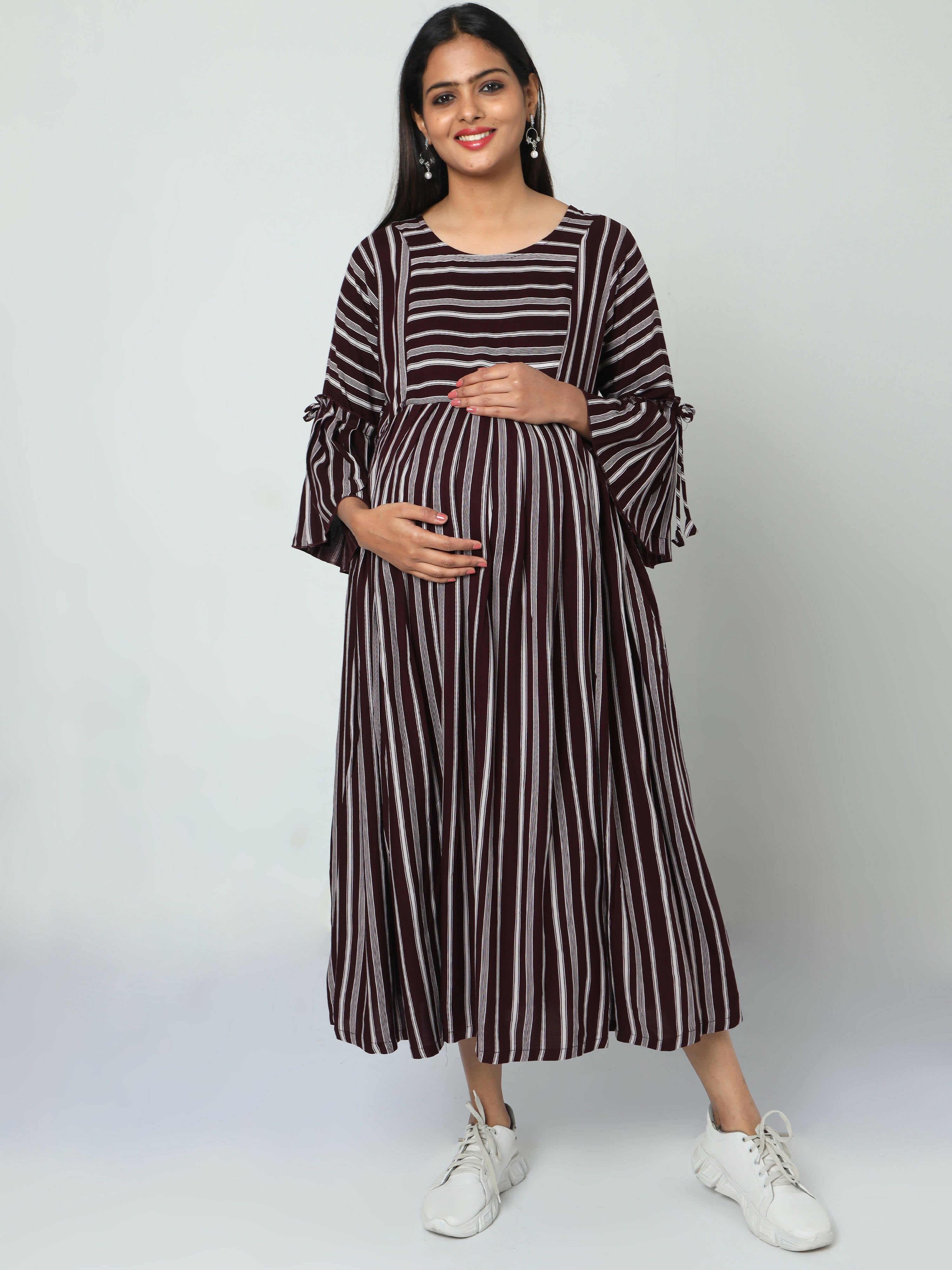 Manet Three Fourth Maternity Dress Striped With Concealed Zipper Nursing Access - Brown - Distacart