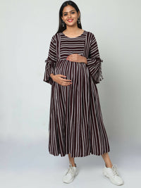 Thumbnail for Manet Three Fourth Maternity Dress Striped With Concealed Zipper Nursing Access - Brown - Distacart