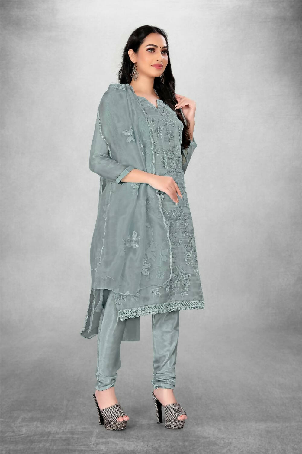 Grey Heavy Organza Silk Embroidered Unstitched Dress Material - Amara - Distacart