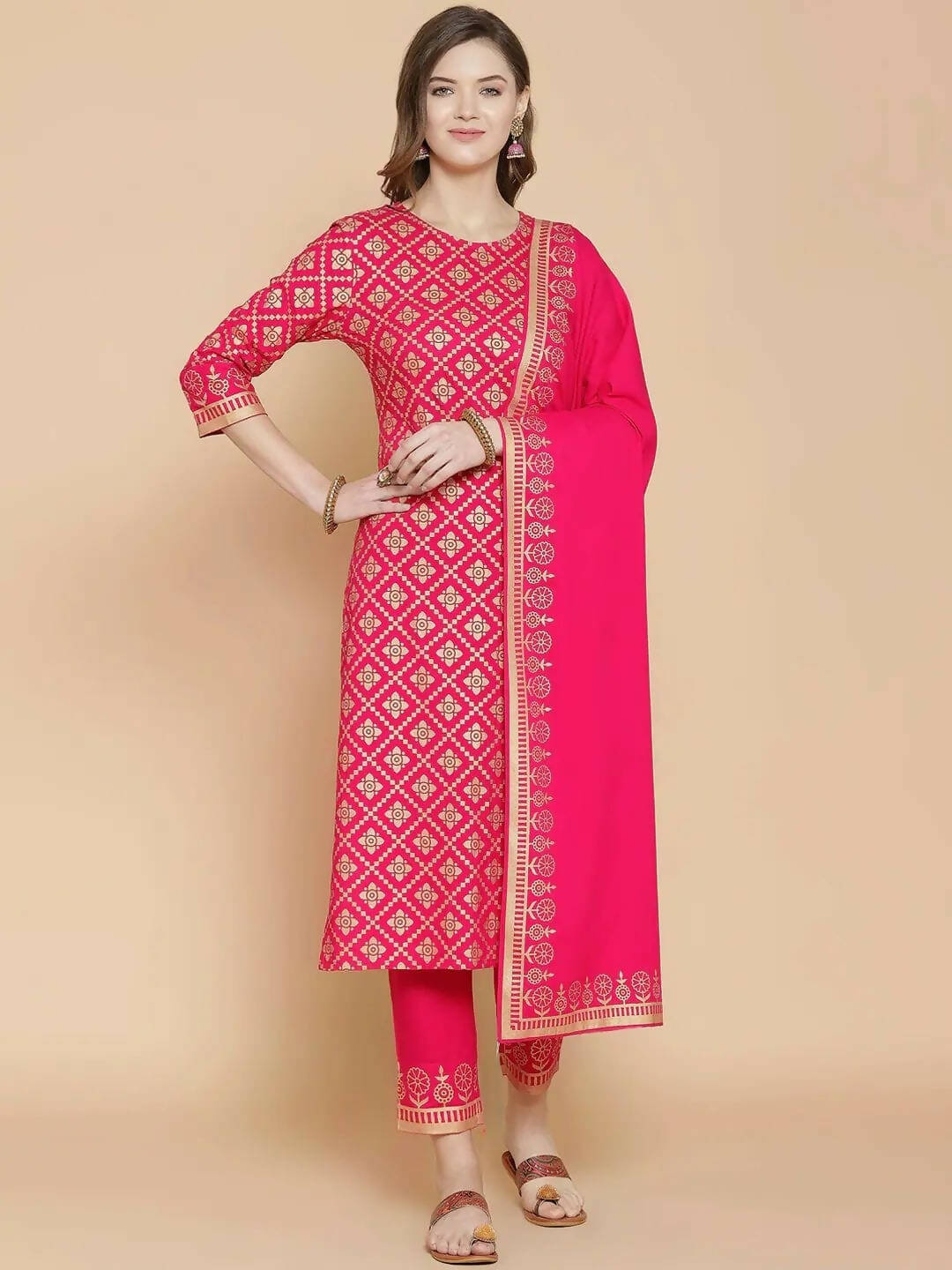 Vamika Foil Print Cotton Pink Party Wear/Casual Wear Kurta Set/Suit - Distacart