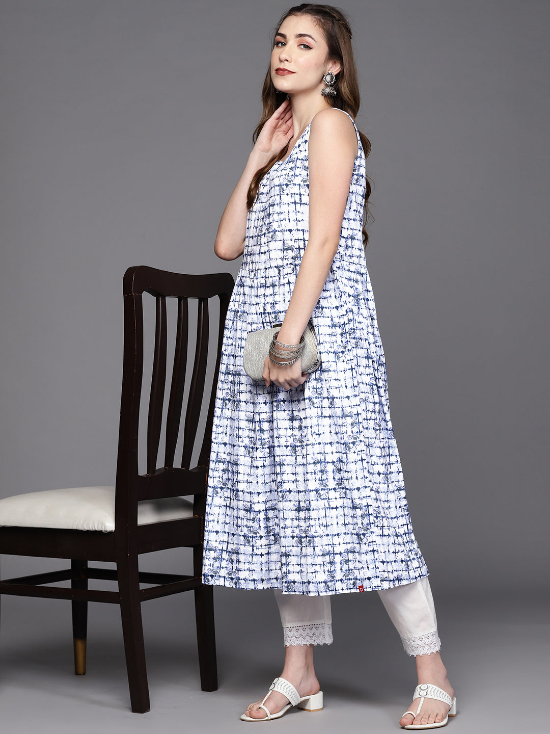 Biba Women White & Navy Blue Pure Cotton Checked A-Line Kurta - Distacart