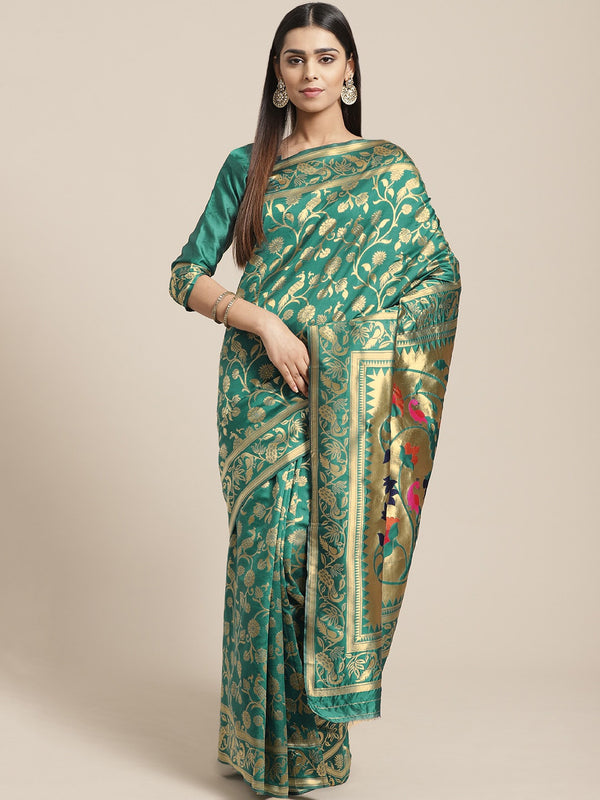 Saree Mall Teal Green & Golden Woven Design Banarasi Saree - Distacart