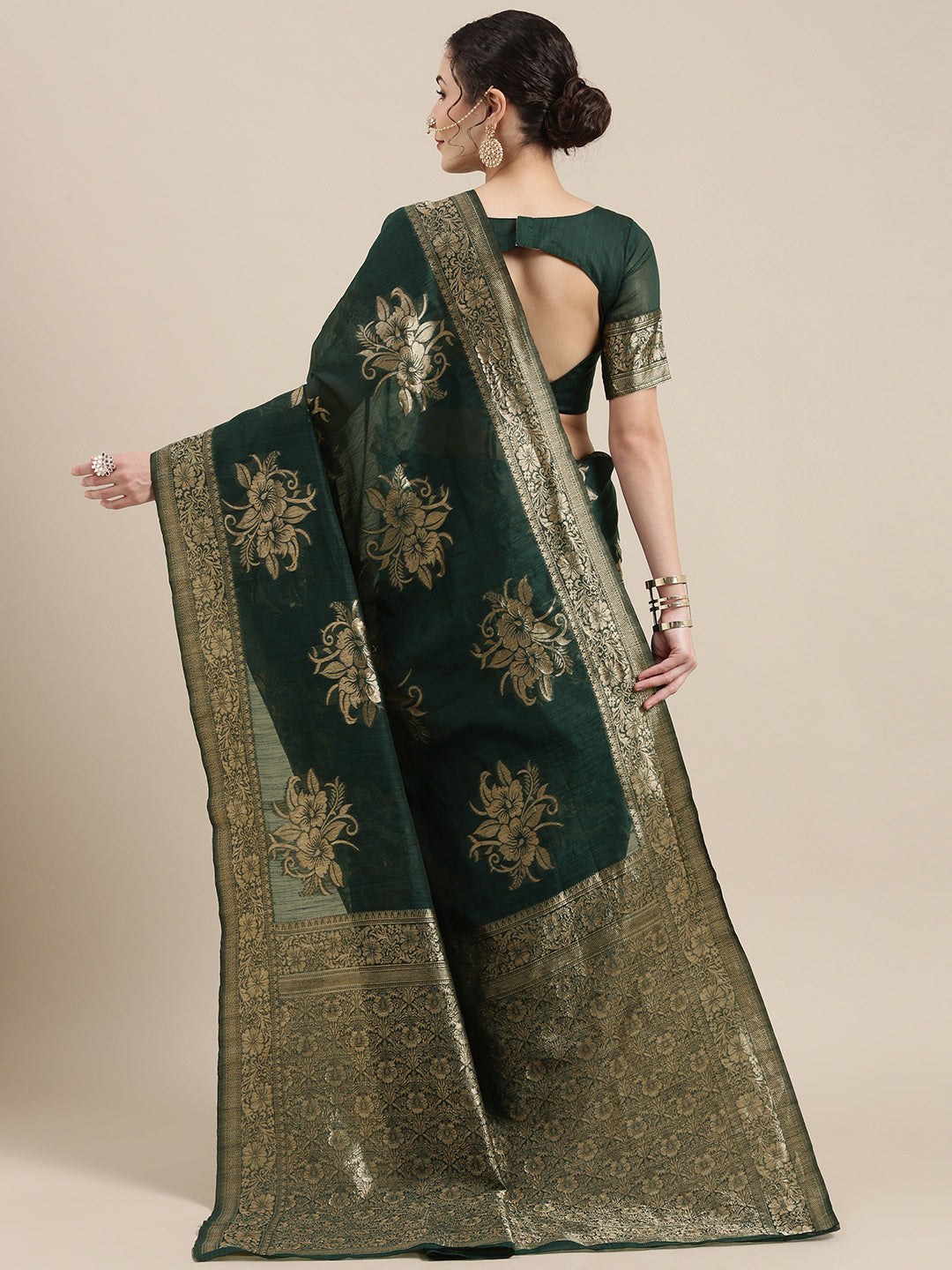 Saree Mall Green Floral Linen Blend Banarasi Saree - Distacart