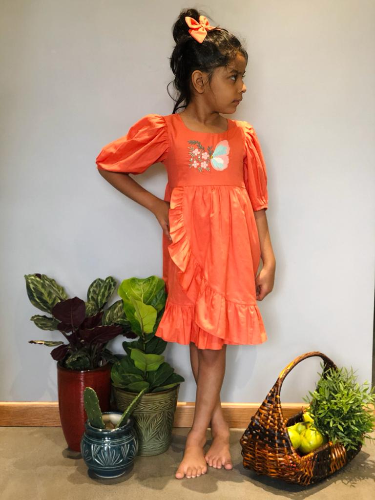 ArthLife Orange Butterfly Embroidered Dress - Distacart