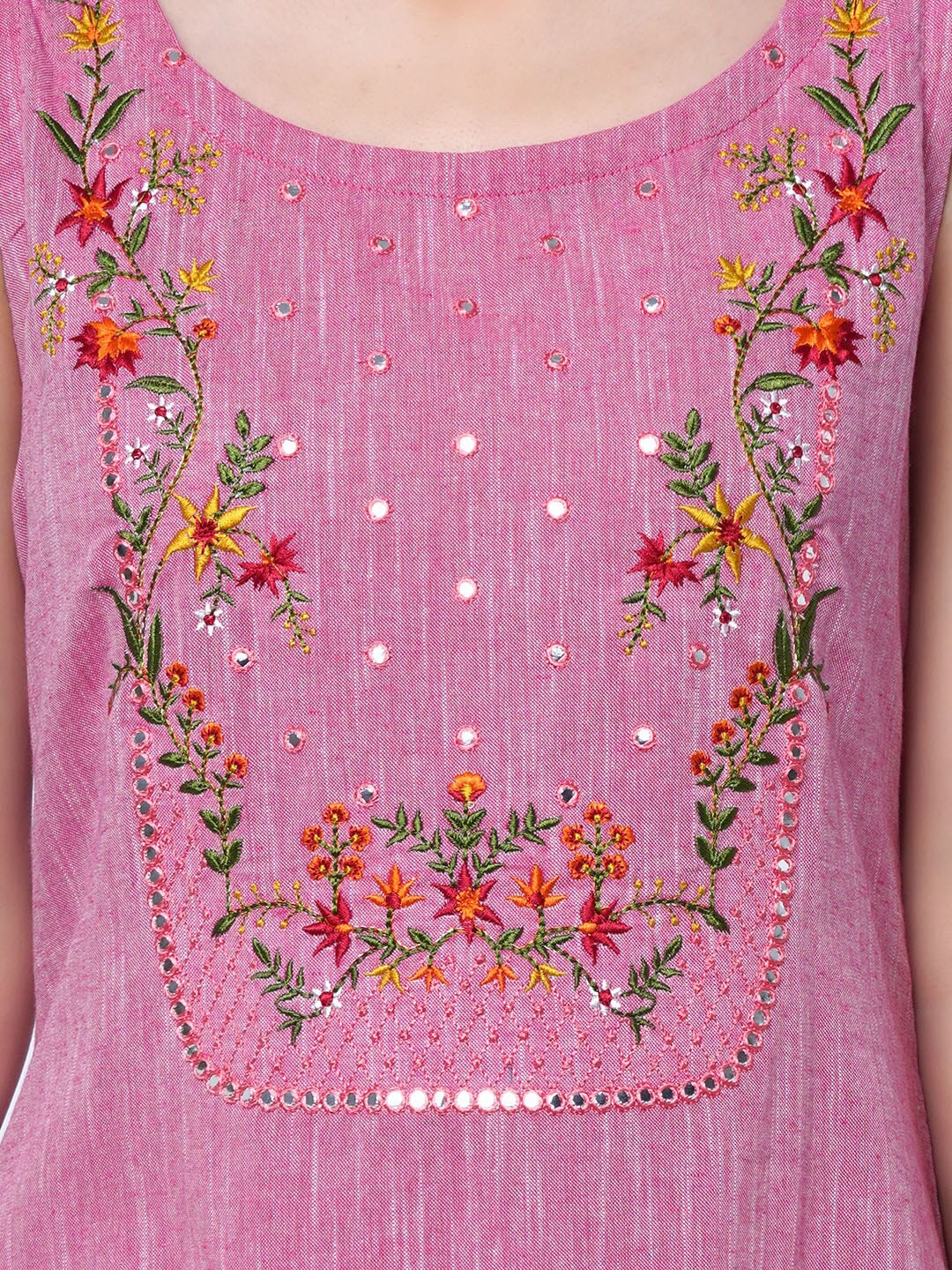 Kalini Women Pink Floral Embroidered Mirror Work Pure Cotton Kurta with Trousers - Distacart