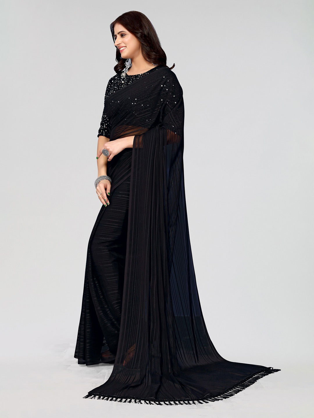 Kalini Black Striped Sequinned Poly Georgette Saree - Distacart