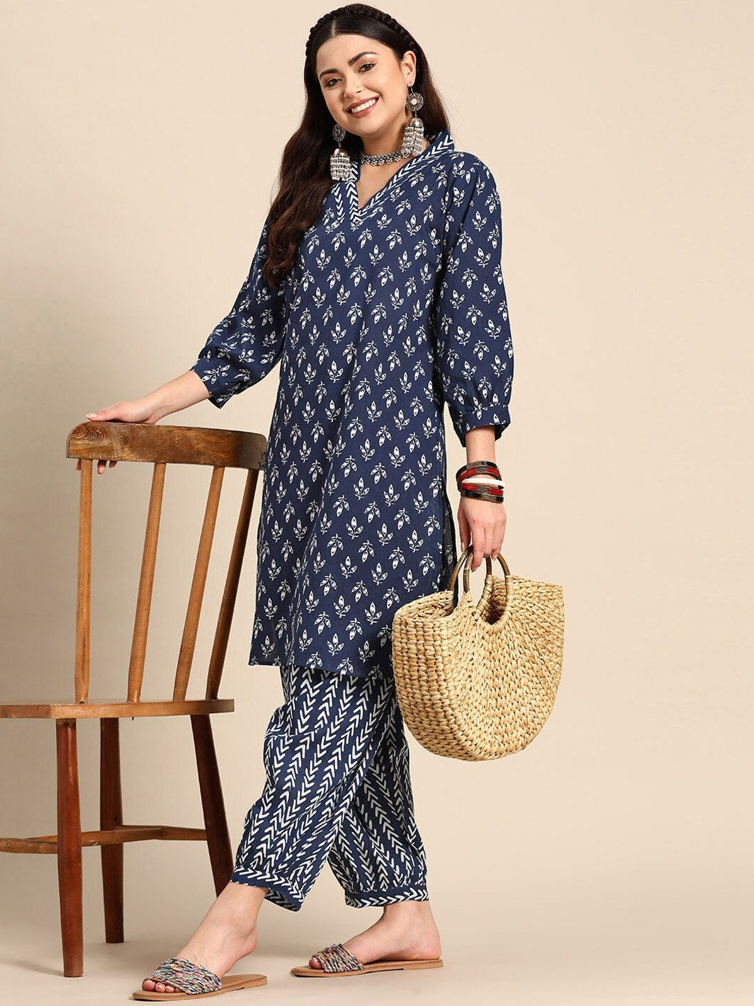 Sangria Blue & White Ethnic Motifs Printed V-Neck Pure Cotton A-Line Kurta With Salwar - Distacart