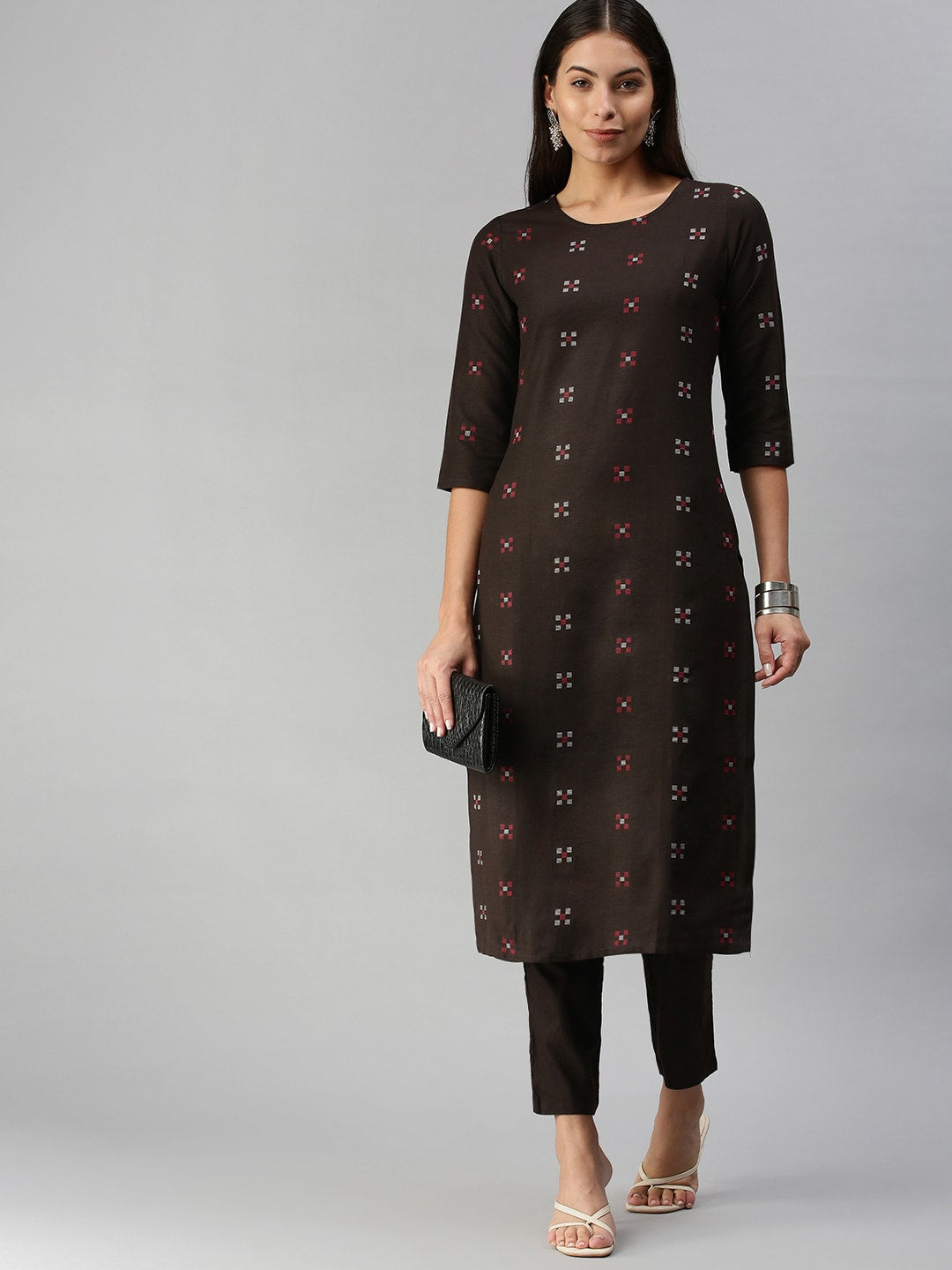 Kalini Women Coffee Brown Pure Cotton Geometric Woven Design Kurta with Trousers - Distacart