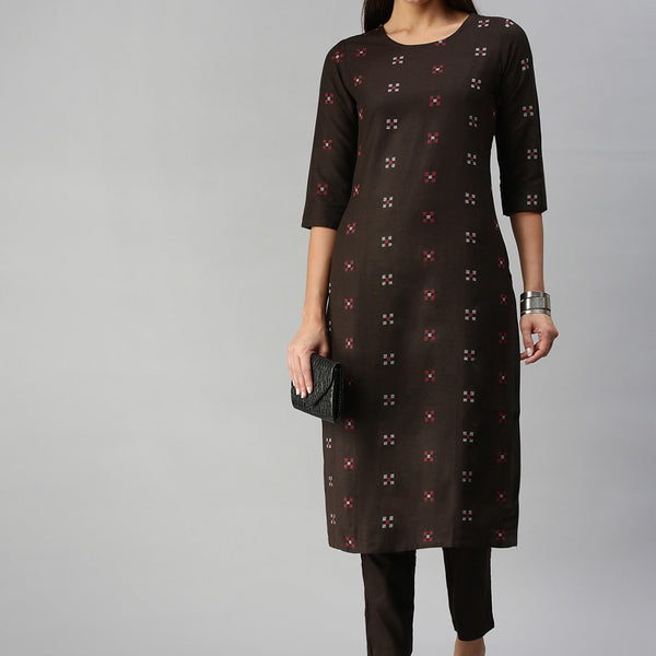 Kalini Women Coffee Brown Pure Cotton Geometric Woven Design Kurta with Trousers - Distacart