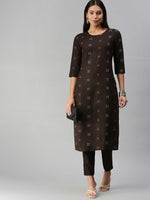 Thumbnail for Kalini Women Coffee Brown Pure Cotton Geometric Woven Design Kurta with Trousers - Distacart