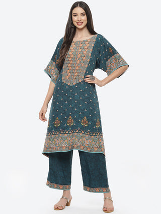 Biba Women Teal Green & Orange Ethnic Motifs Printed Kurta with Palazzos - Distacart