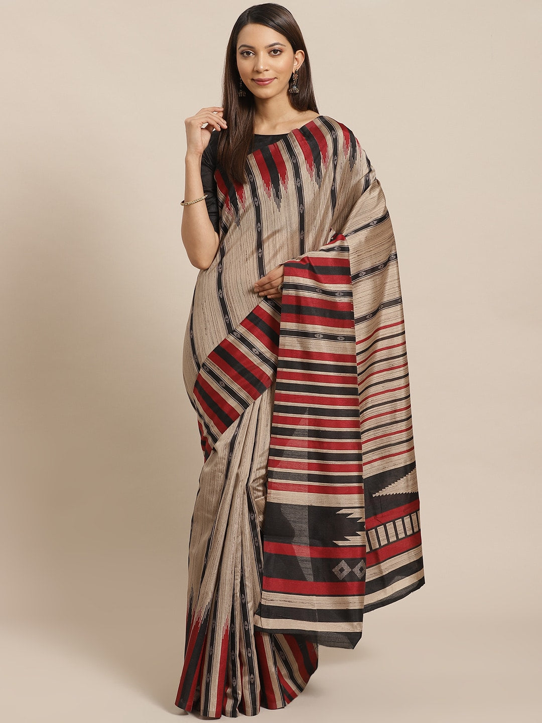 Saree Mall Beige & Black Striped Bhagalpuri Saree - Distacart
