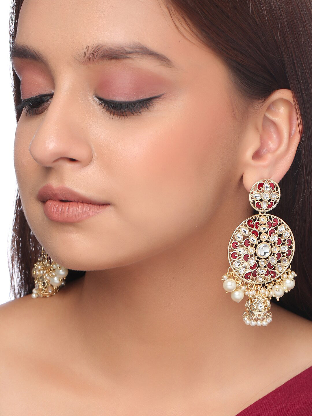 Shoshaa Maroon Contemporary Gold-Plated Kundan Drop Earrings With Jhumkas Earrings Sets - Distacart