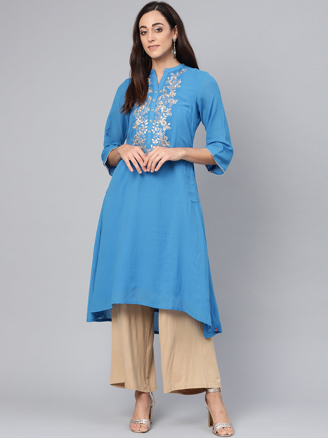 Biba Women Blue Floral Yoke Design Gotta Patti A-Line Kurta - Distacart