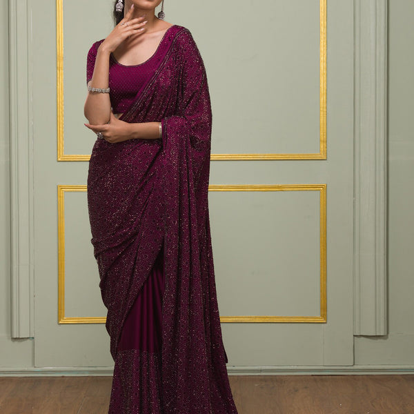 Koskii Embellished Stones Work Poly Crepe Saree With Blouse Piece - Distacart