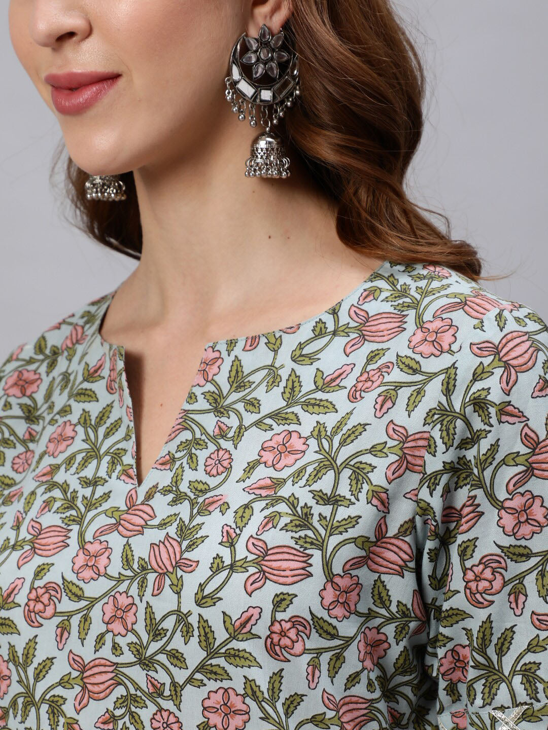 Jaipur Kurti Women Blue & Green Floral Printed Pure Cotton Kurti With Sharara & Dupatta - Distacart