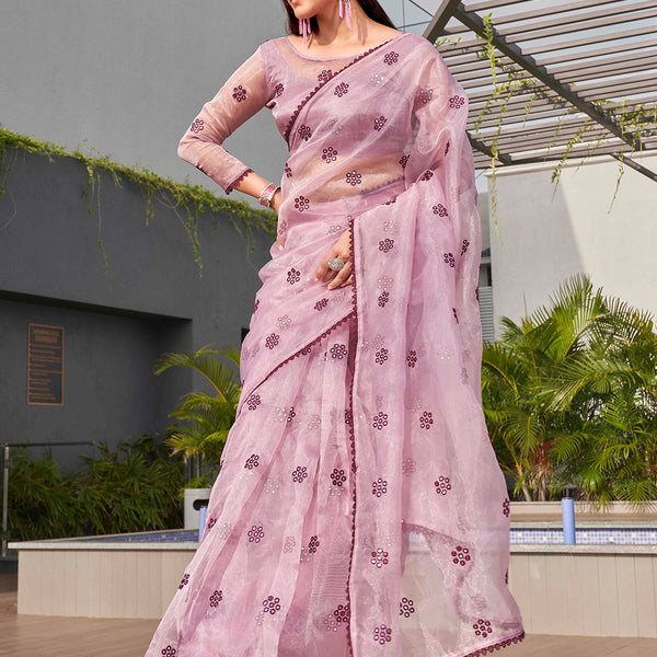 Tikhi Imli Ethnic Motifs Mirror Work Organza Saree - Distacart