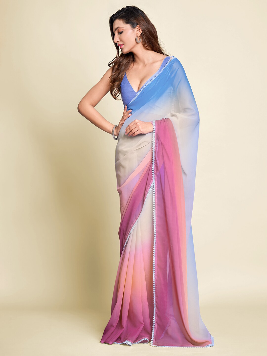 Mitera Pink & White Ombre Pure Chiffon Saree - Distacart