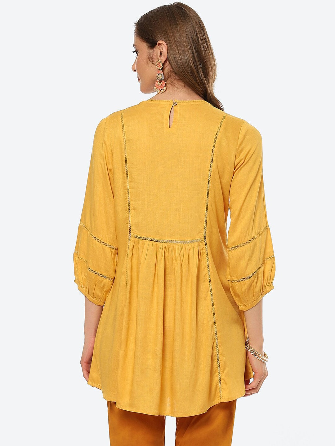 Biba Women Yellow Pleated And Panelled Puff Sleeves Kurti - Distacart