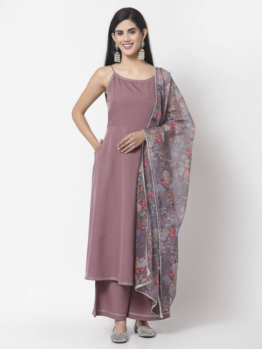 Myshka Women Mauve Silk Blend Solid Sleeveless Round Neck Neck Kurta Palazzo Dupatta Set