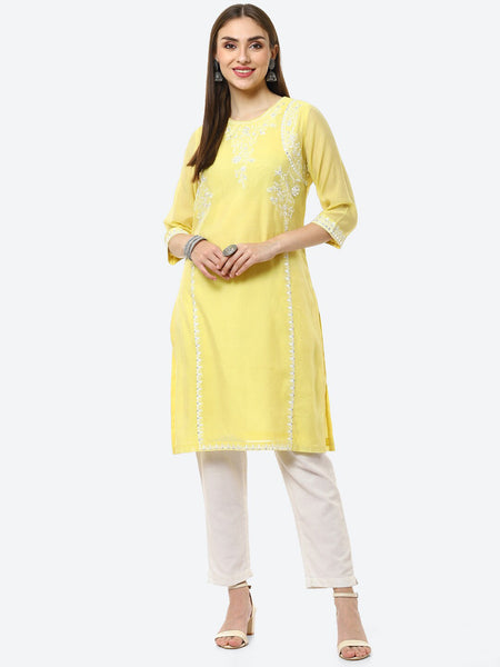 Biba Women Yellow Ethnic Motifs Embroidered Chikankari Kurta - Distacart