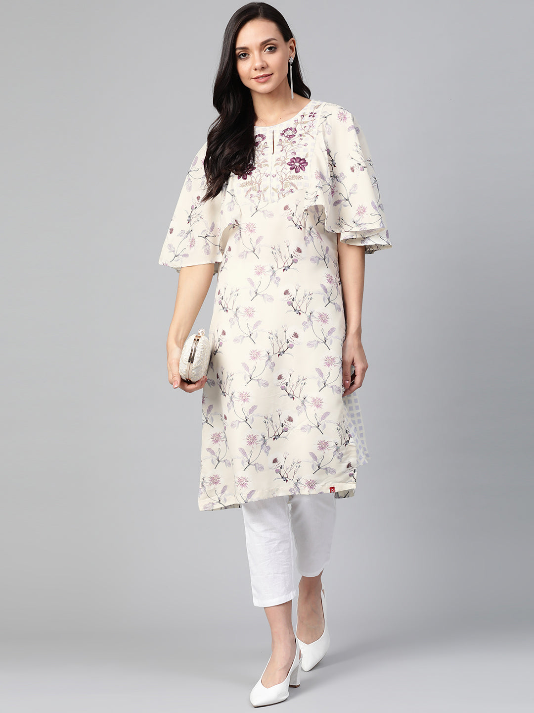 Biba Women Cream-Coloured & Mauve Printed A-Line Kurta - Distacart
