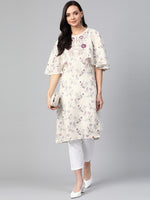 Thumbnail for Biba Women Cream-Coloured & Mauve Printed A-Line Kurta - Distacart