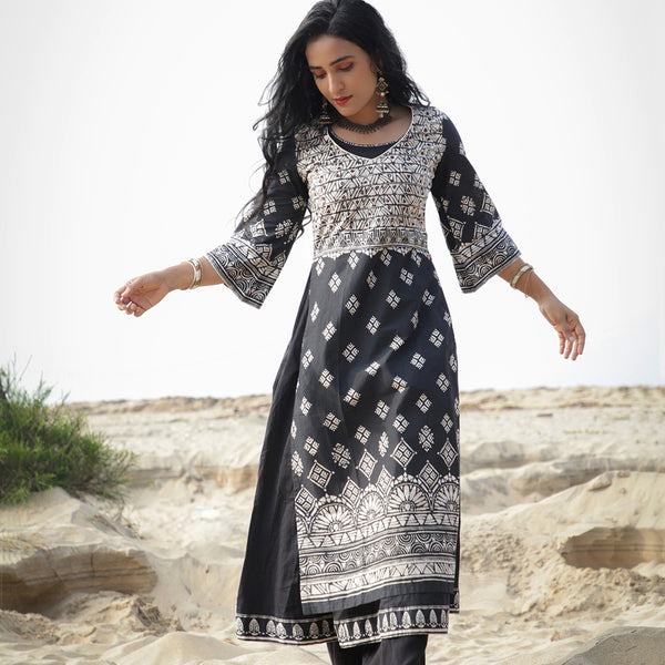 Biba Women Black & White Pure Cotton Geometric Printed Layered Kurta - Distacart