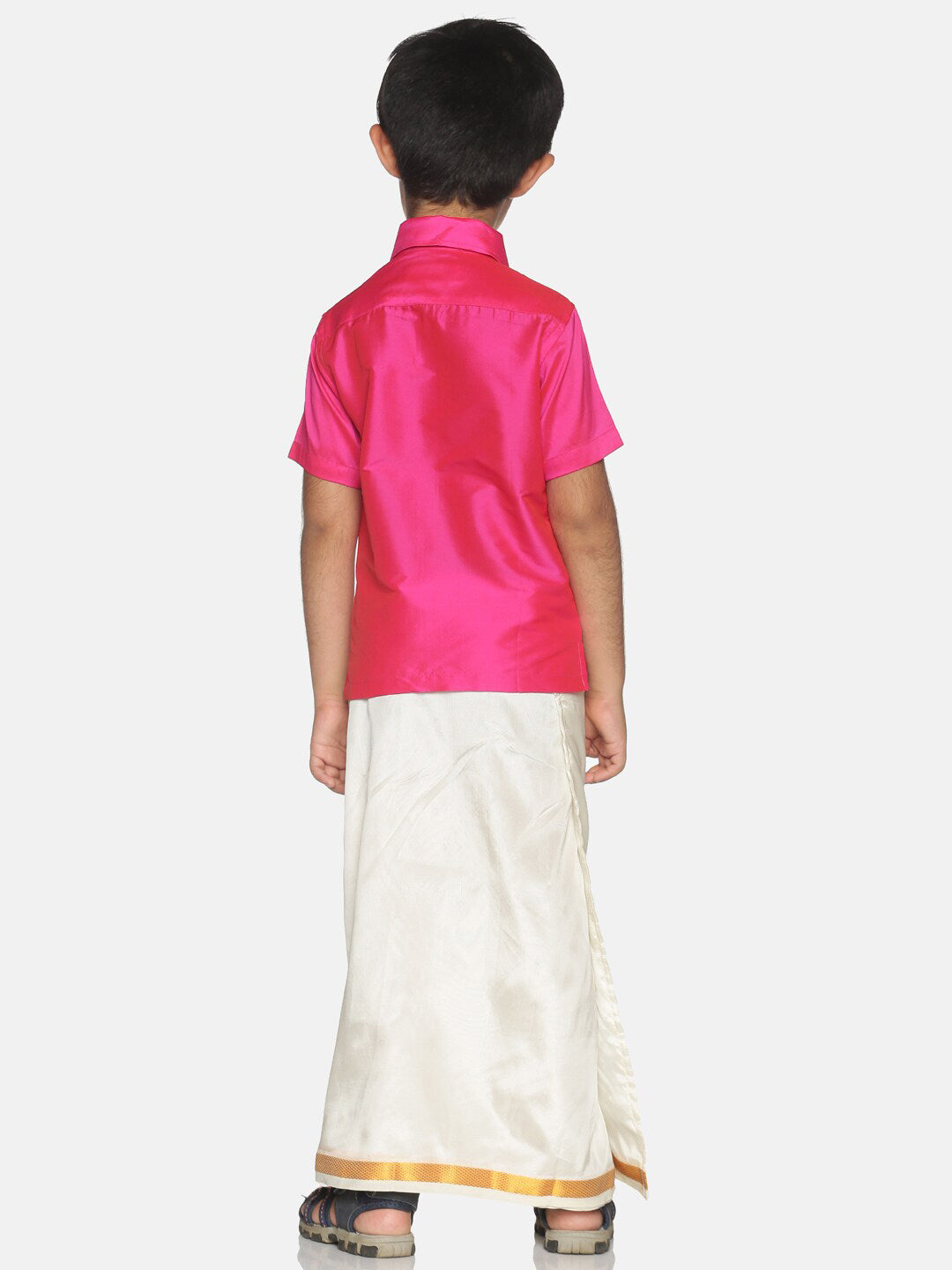 Sethukrishna Boys Pink & Cream-Coloured Solid Shirt and Veshti Set - Distacart