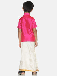 Thumbnail for Sethukrishna Boys Pink & Cream-Coloured Solid Shirt and Veshti Set - Distacart