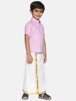 Thumbnail for Sethukrishna Boys Pink & White Pure Cotton Shirt with Dhotis - Distacart