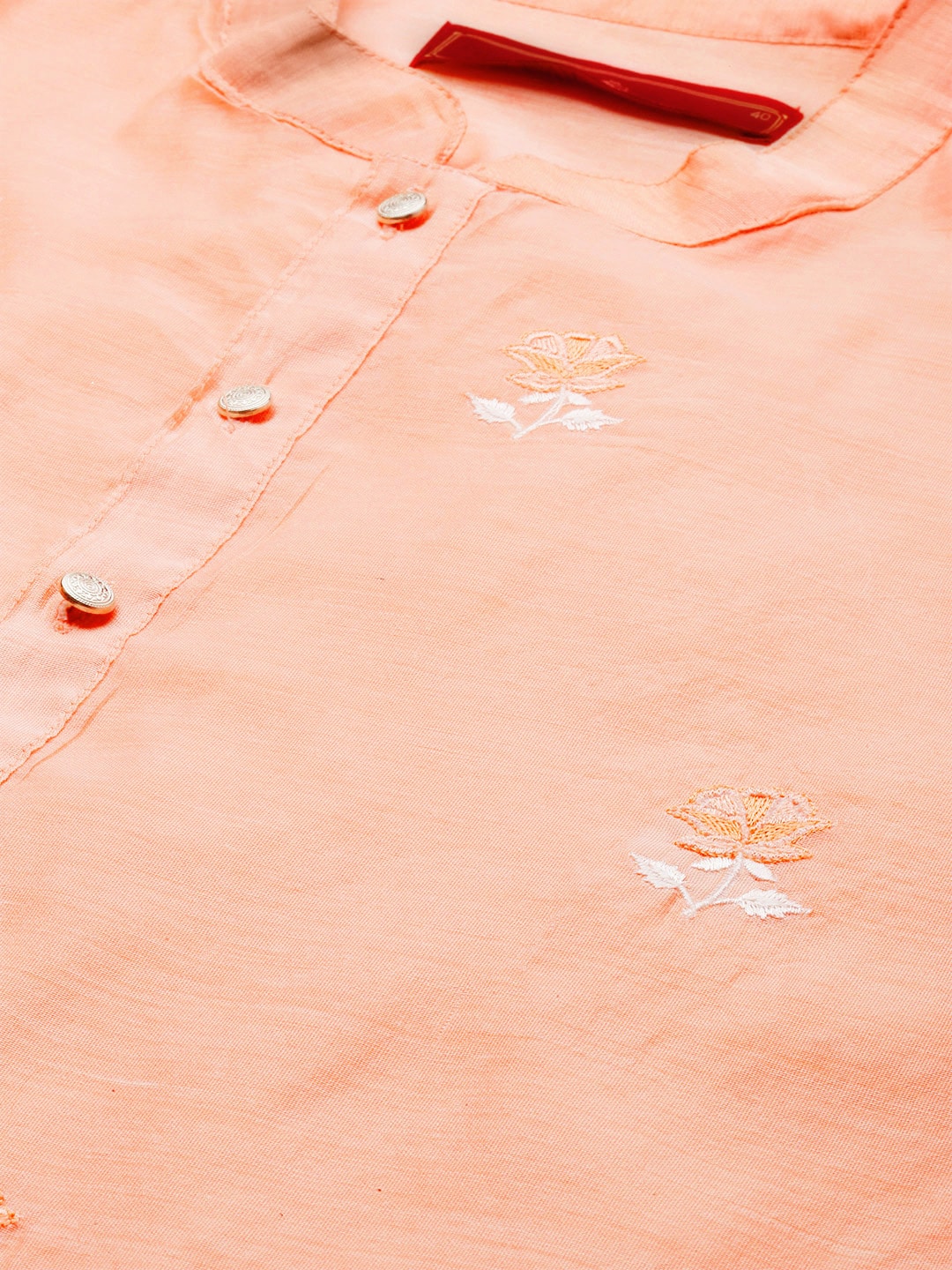 House of Pataudi Men Peach-Coloured Floral Embroidered A-Line Kurta - Distacart