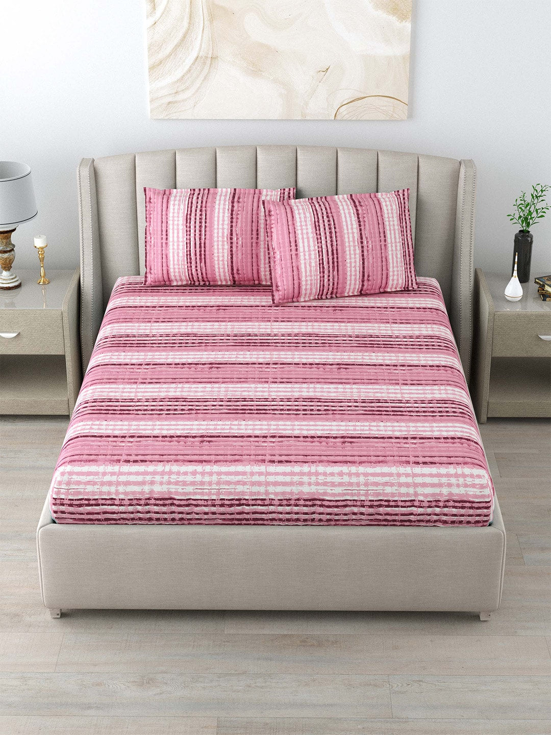 DREAM WEAVERZ Pink Striped Pure Cotton 220 TC King Bedsheet With 2 Pillow Covers - Distacart