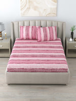 Thumbnail for DREAM WEAVERZ Pink Striped Pure Cotton 220 TC King Bedsheet With 2 Pillow Covers - Distacart