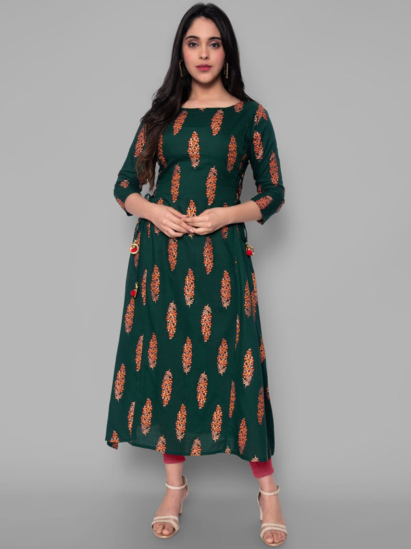 Kalini Women Green Ethnic Motifs Printed Flared Sleeves Handloom Kurta - Distacart