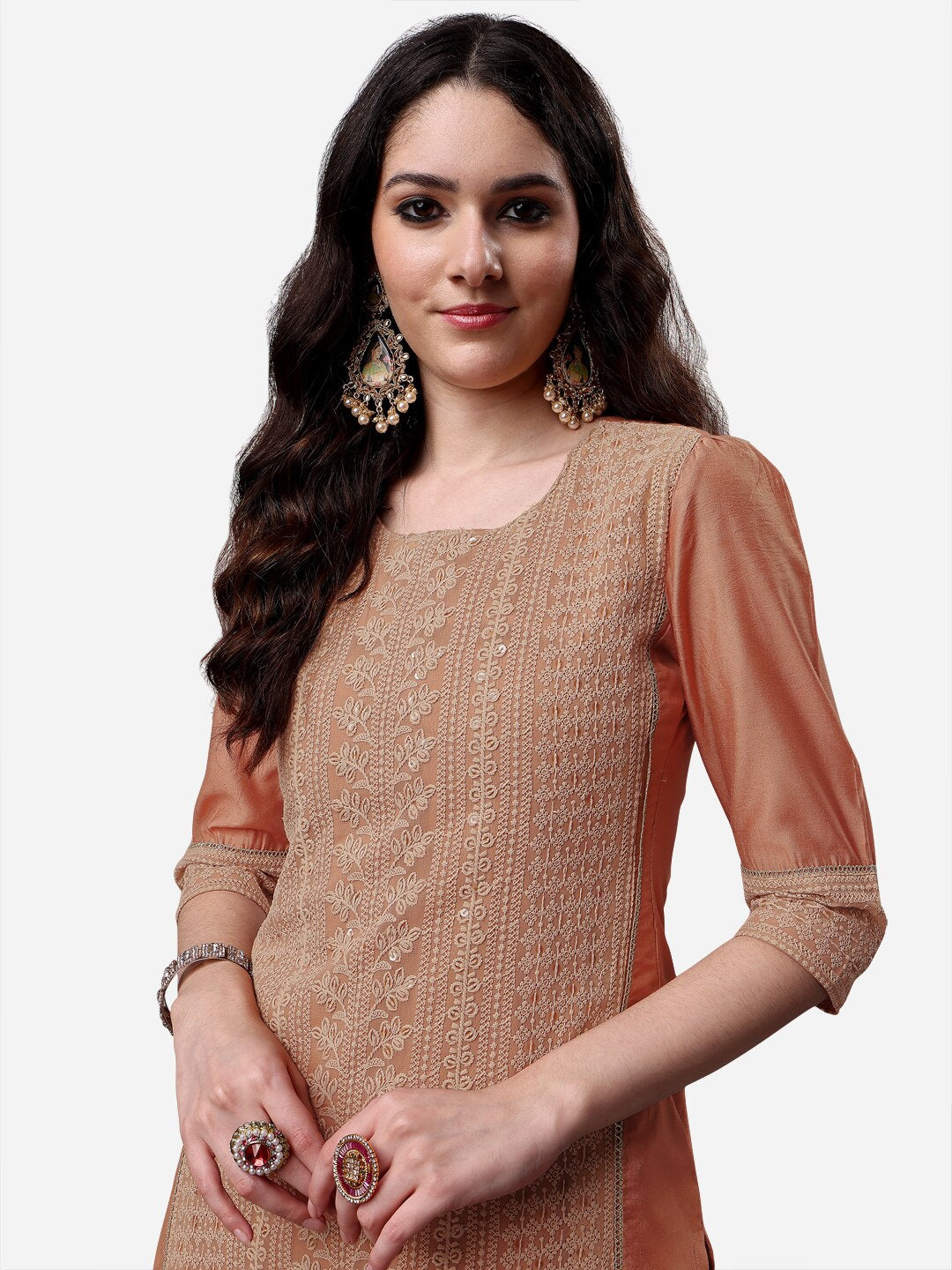 HERE&NOW Lucknowi Chikankari Schiffli Chanderi Silk Kurta Trousers with Organza Dupatta - Distacart