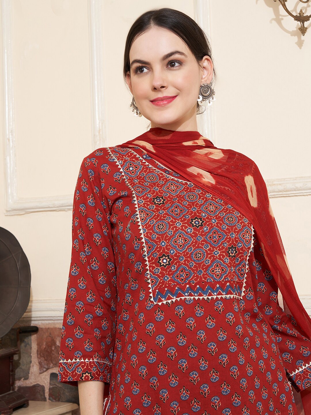 Sangria Maroon Ethnic Motifs Printed Mirror Work Pure Cotton Kurta with Trousers & Dupatta - Distacart