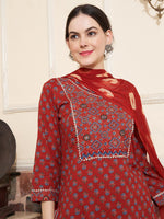 Thumbnail for Sangria Maroon Ethnic Motifs Printed Mirror Work Pure Cotton Kurta with Trousers & Dupatta - Distacart