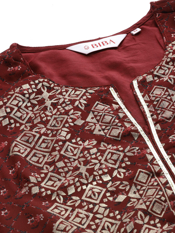 Biba Women Maroon & Beige Ethnic Motifs Printed Kurta - Distacart
