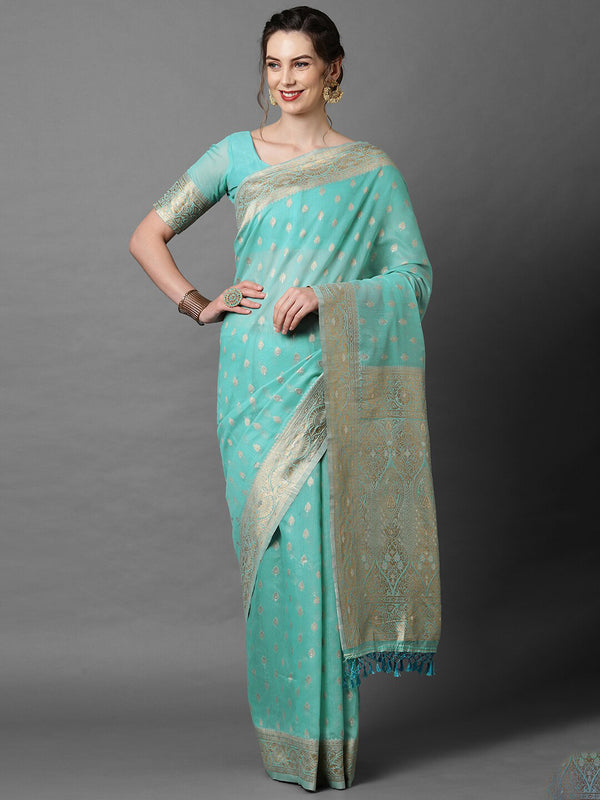 Mitera Women Sky Blue Ethnic Woven Designed Festive Saree - Distacart
