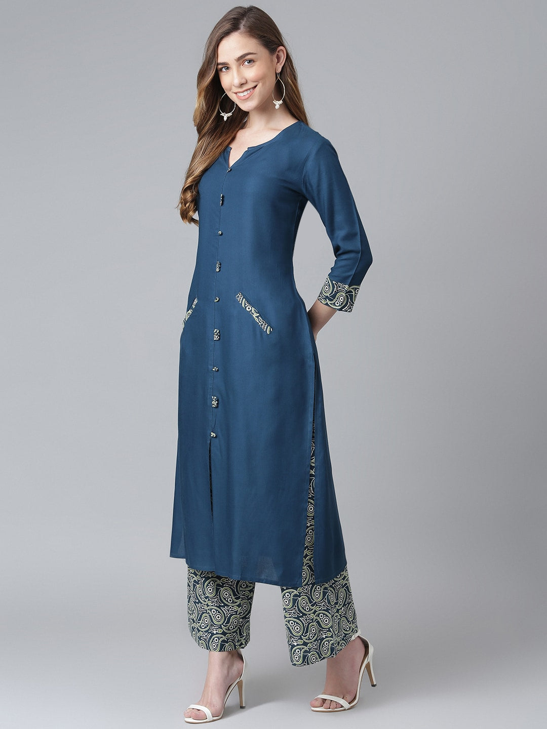 Khushal K Women Teal Blue Printed Kurta with Palazzos - Distacart